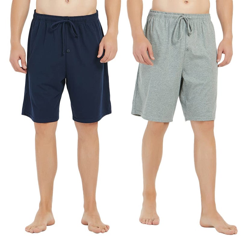U2SKIIN 2 Pack Mens Cotton Pajama Shorts, Lightweight Lounge Pant with Pockets Soft Sleep Pj Shorts for Men(Navy/Light Grey Mel,L) - Image 1